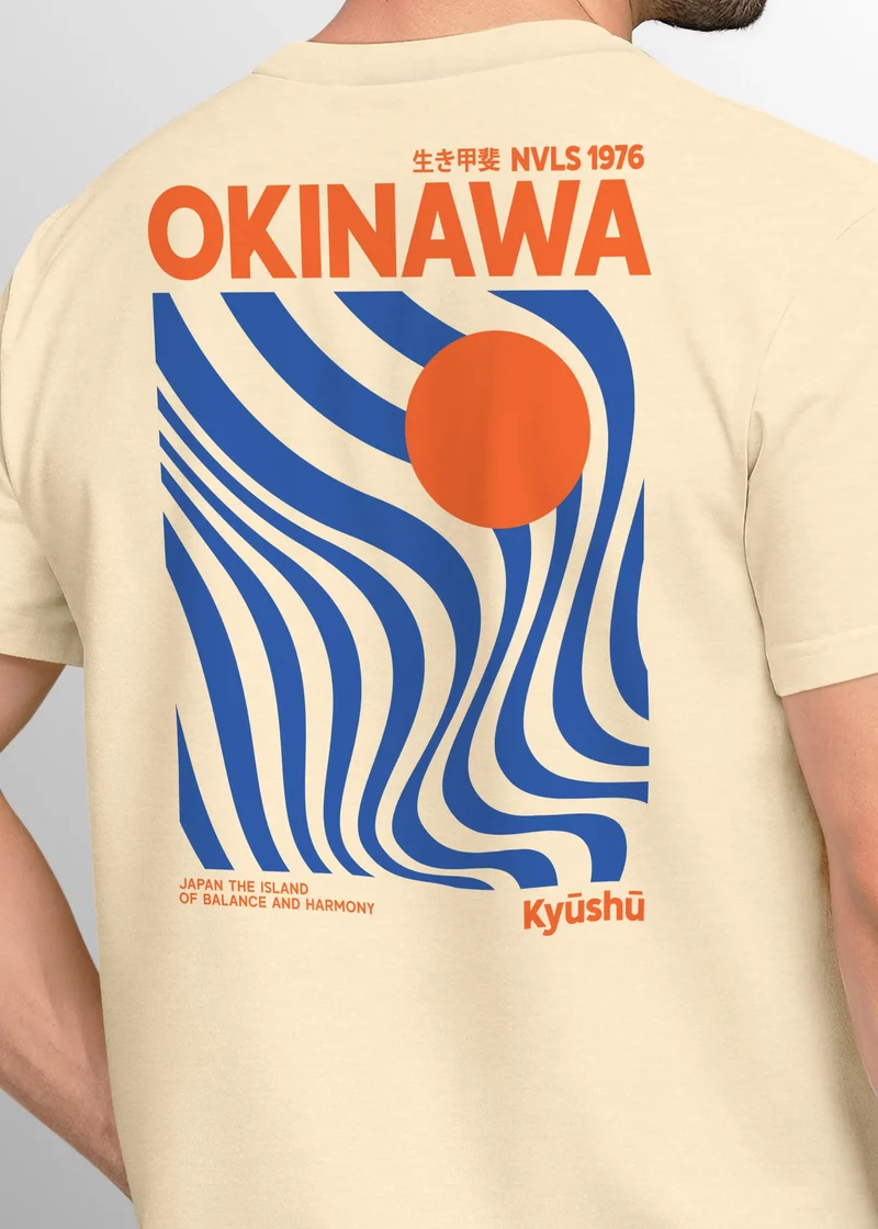 Backprint T-Shirt Herren Okinawa Japan Grafikshirt Retro Stil Minimalistisch Sommer Fashion Männer Baumwolle