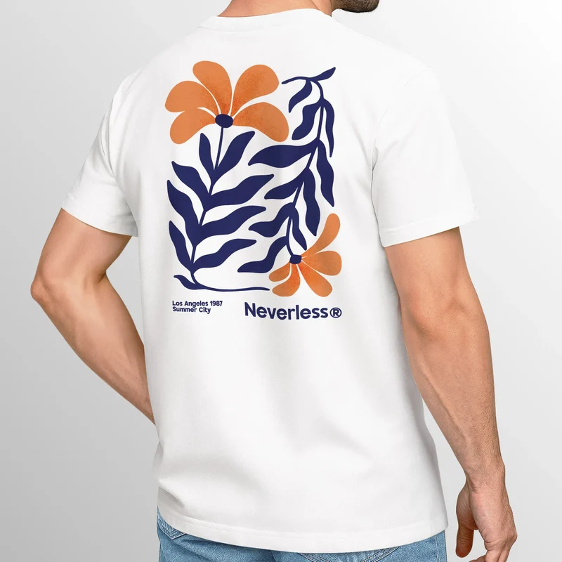Herren T-Shirt Backprint Rückendruck „Los Angeles 1987“ – Botanical Design – Kurzarm Baumwollshirt mit Grafik Floral Fashion Streetstyle