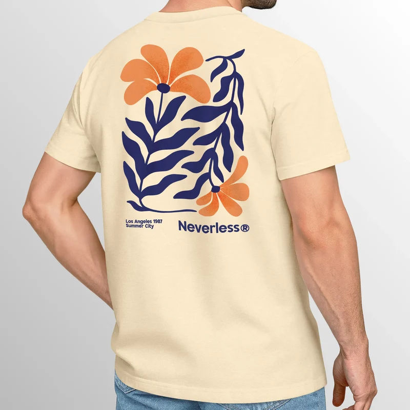 Herren T-Shirt Backprint Rückendruck „Los Angeles 1987“ – Botanical Design – Kurzarm Baumwollshirt mit Grafik Floral Fashion Streetstyle