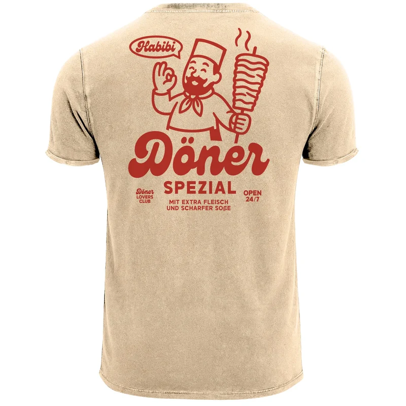 Herren Vintage T-Shirt Backprint Döner Kebab Retro Design ComicStil Printshirt T-Shirt Aufdruck Used Look