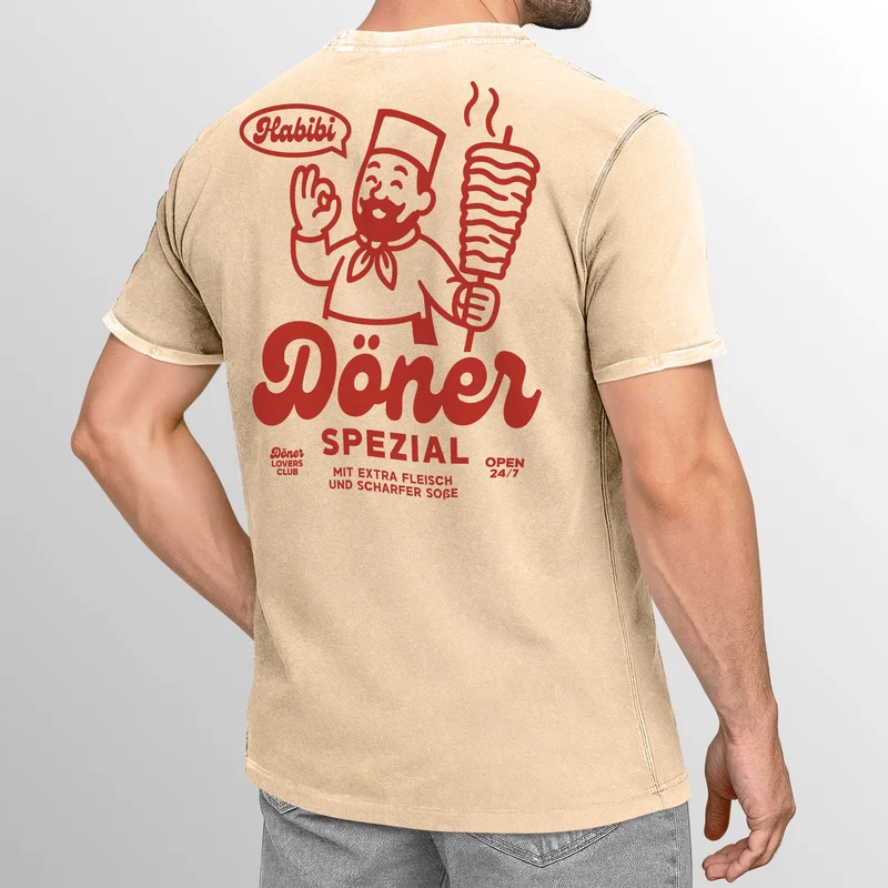 Herren Vintage T-Shirt Backprint Döner Kebab Retro Design ComicStil Printshirt T-Shirt Aufdruck Used Look