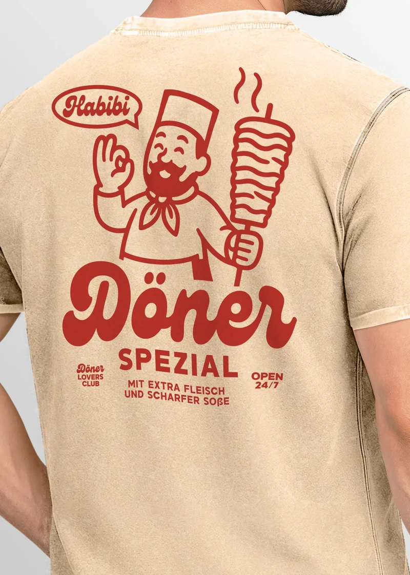 Herren Vintage T-Shirt Backprint Döner Kebab Retro Design ComicStil Printshirt T-Shirt Aufdruck Used Look