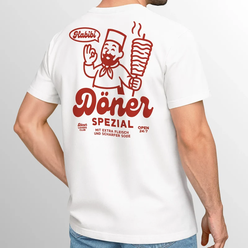 Herren T-Shirt Backprint Döner Spezial Funshirt mit witzigem Kebab Rückendruck Kurzarm Baumwollshirt Fashion Streetstyle
