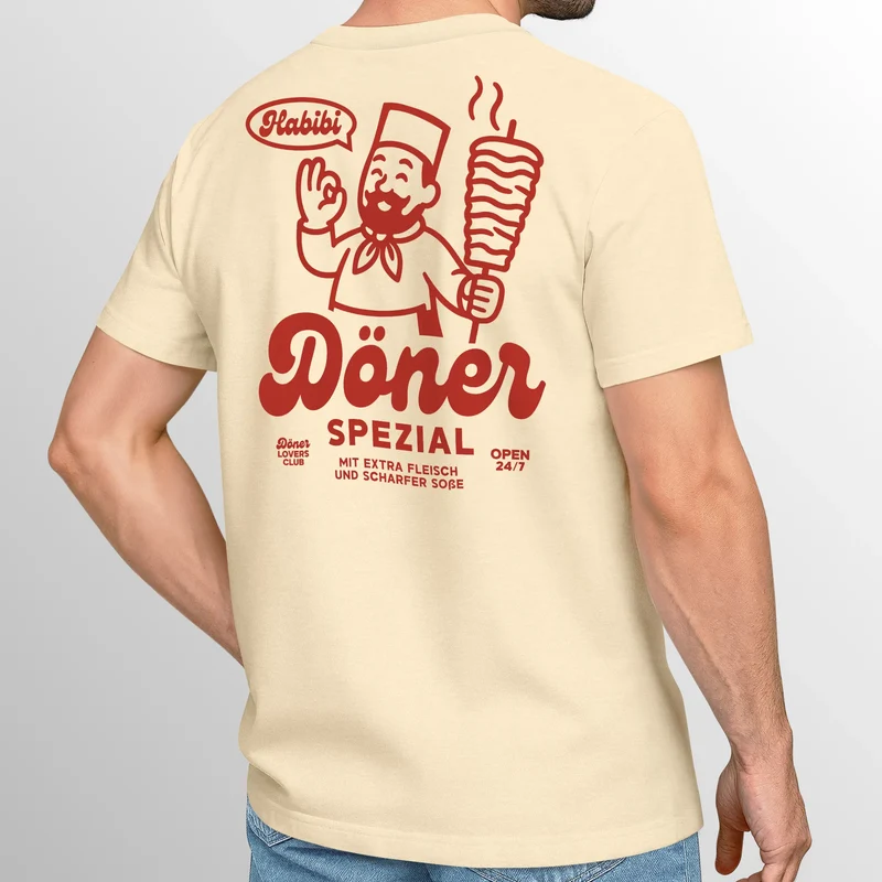 Herren T-Shirt Backprint Döner Spezial Funshirt mit witzigem Kebab Rückendruck Kurzarm Baumwollshirt Fashion Streetstyle