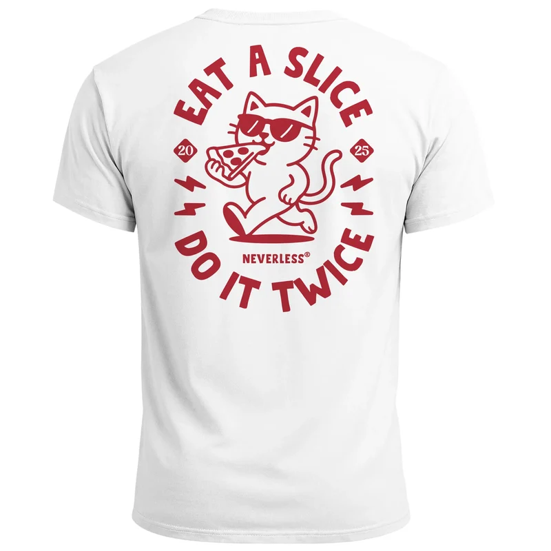 Backprint T-Shirt Herren Pizza Katze Spruch– Rückendruck im Comic-Stil – Printshirt Baumwolle Fashion Streetstyle