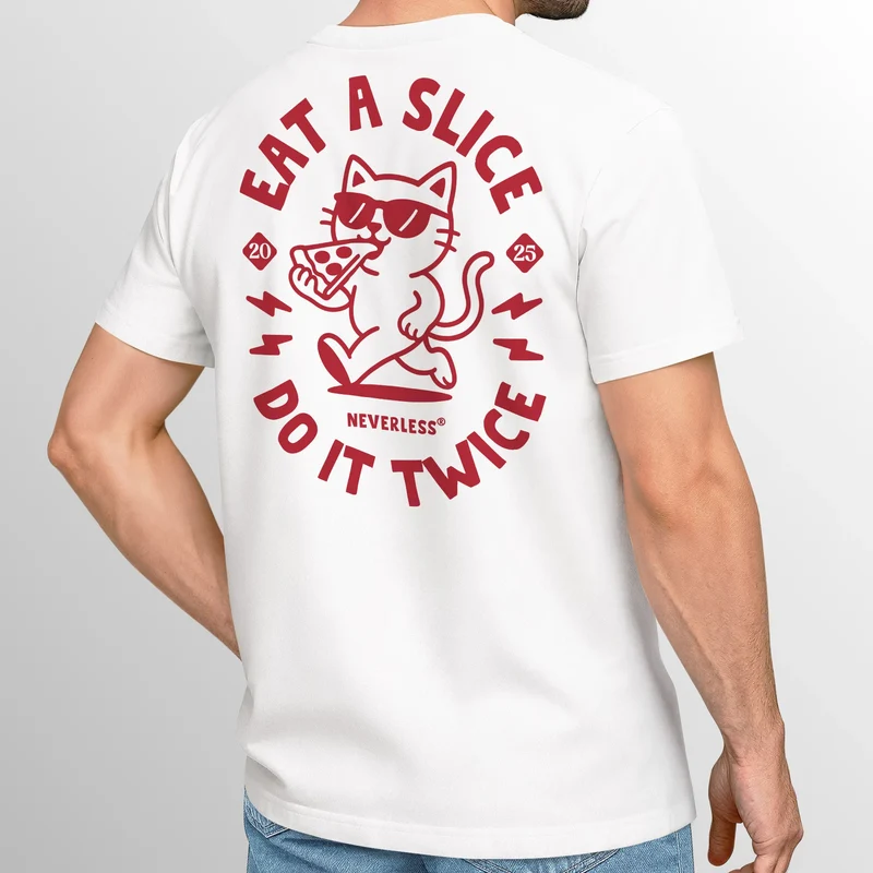 Backprint T-Shirt Herren Pizza Katze Spruch– Rückendruck im Comic-Stil – Printshirt Baumwolle Fashion Streetstyle