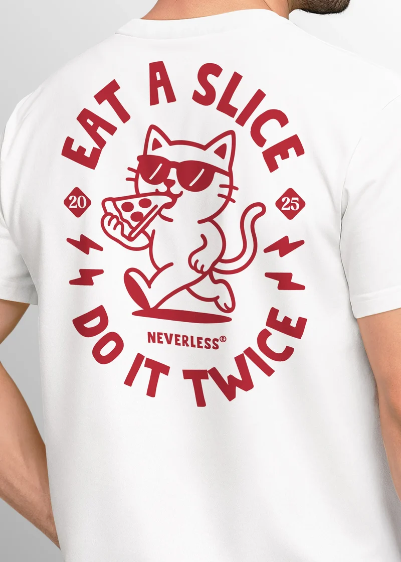 Backprint T-Shirt Herren Pizza Katze Spruch– Rückendruck im Comic-Stil – Printshirt Baumwolle Fashion Streetstyle