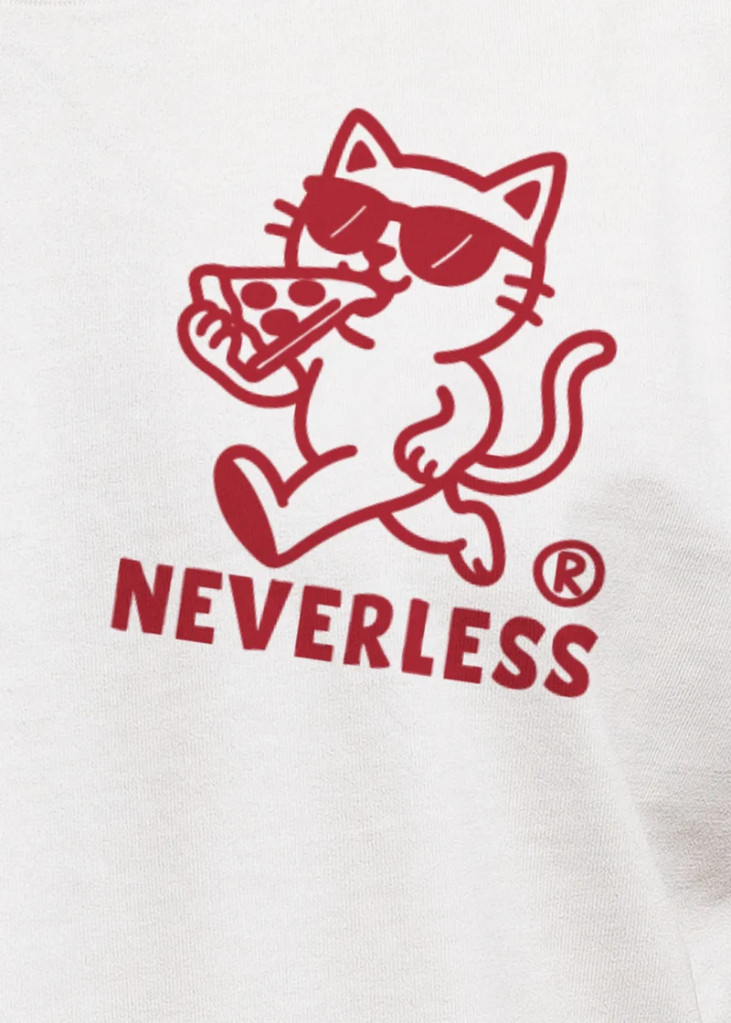 Backprint T-Shirt Herren Pizza Katze Spruch– Rückendruck im Comic-Stil – Printshirt Baumwolle Fashion Streetstyle