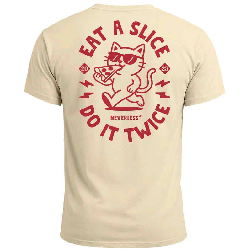 Backprint T-Shirt Herren Pizza Katze Spruch– Rückendruck im Comic-Stil – Printshirt Baumwolle Fashion Streetstyle