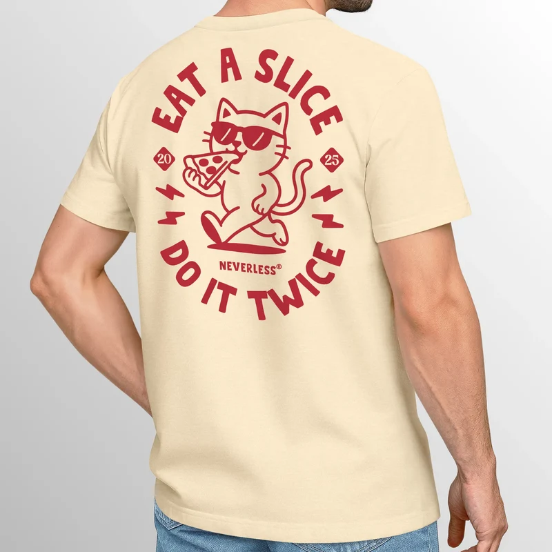 Backprint T-Shirt Herren Pizza Katze Spruch– Rückendruck im Comic-Stil – Printshirt Baumwolle Fashion Streetstyle