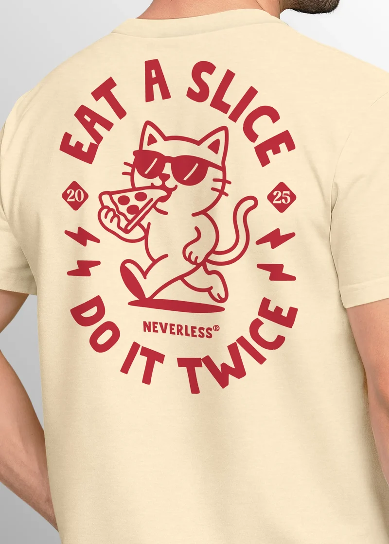 Backprint T-Shirt Herren Pizza Katze Spruch– Rückendruck im Comic-Stil – Printshirt Baumwolle Fashion Streetstyle