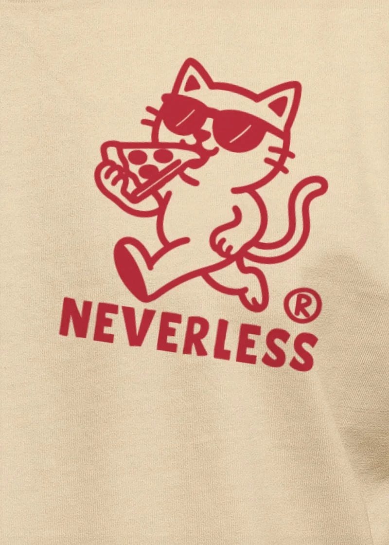 Backprint T-Shirt Herren Pizza Katze Spruch– Rückendruck im Comic-Stil – Printshirt Baumwolle Fashion Streetstyle