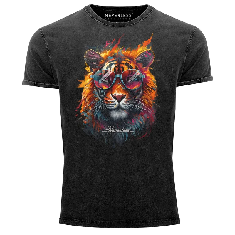 Herren Vintage Shirt Tiger Print Aufdruck Flammen Sommer Sonnenbrille Kunst Fashion Streetstyle Used Look