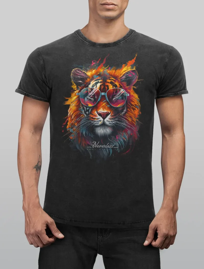 Herren Vintage Shirt Tiger Print Aufdruck Flammen Sommer Sonnenbrille Kunst Fashion Streetstyle Used Look