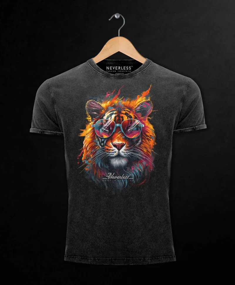 Herren Vintage Shirt Tiger Print Aufdruck Flammen Sommer Sonnenbrille Kunst Fashion Streetstyle Used Look