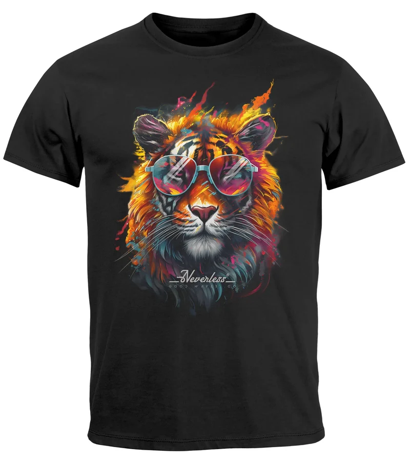 Herren T-Shirt Tiger Print Aufdruck Flammen Sommer Sonnenbrille Kunst Fashion Streetstyle