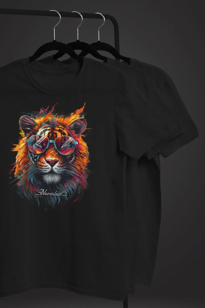 Herren T-Shirt Tiger Print Aufdruck Flammen Sommer Sonnenbrille Kunst Fashion Streetstyle