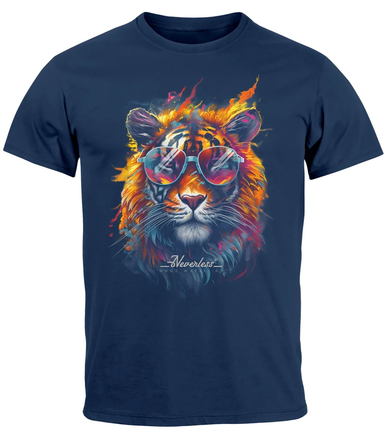 Herren T-Shirt Tiger Print Aufdruck Flammen Sommer Sonnenbrille Kunst Fashion Streetstyle