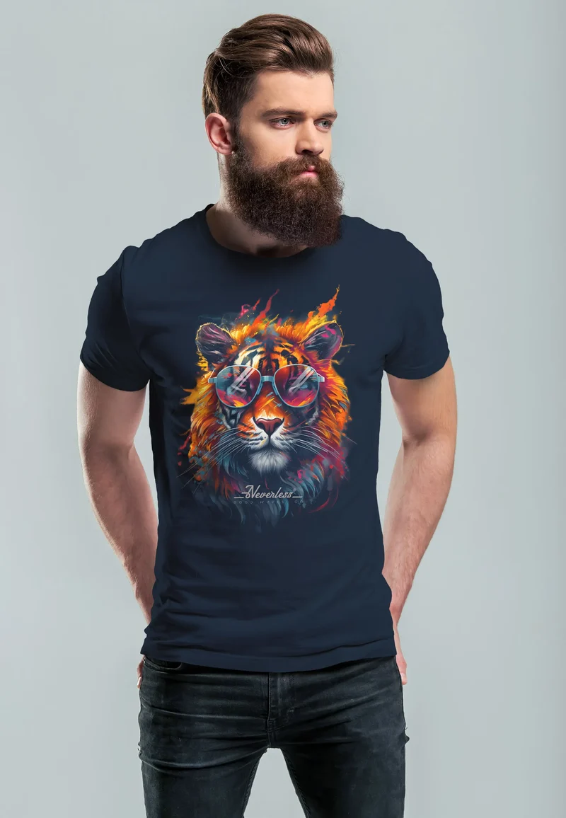 Herren T-Shirt Tiger Print Aufdruck Flammen Sommer Sonnenbrille Kunst Fashion Streetstyle