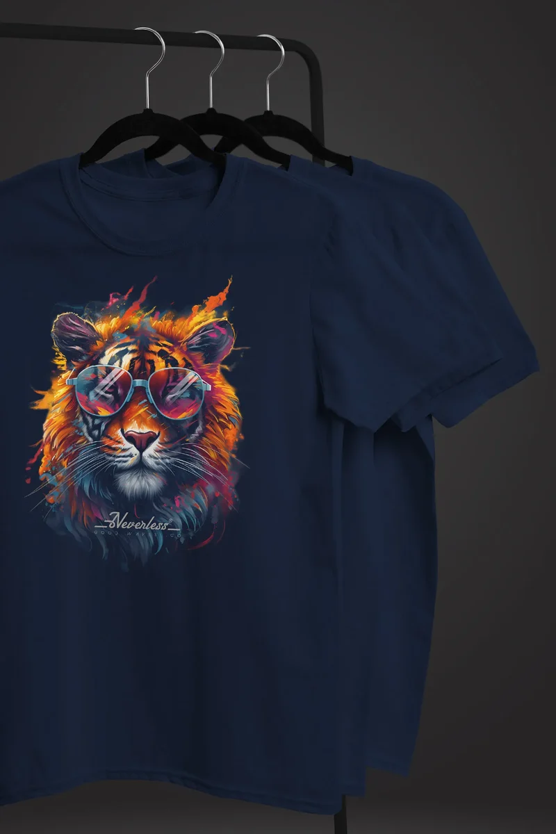 Herren T-Shirt Tiger Print Aufdruck Flammen Sommer Sonnenbrille Kunst Fashion Streetstyle