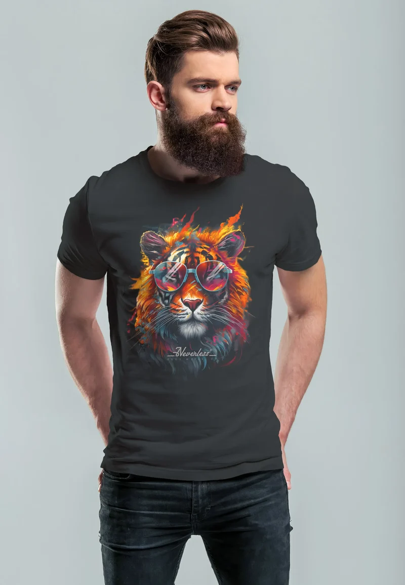 Herren T-Shirt Tiger Print Aufdruck Flammen Sommer Sonnenbrille Kunst Fashion Streetstyle