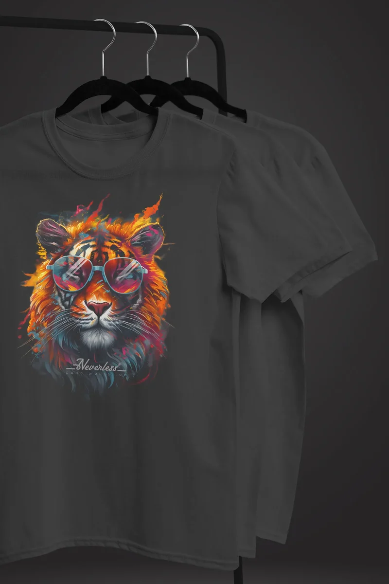 Herren T-Shirt Tiger Print Aufdruck Flammen Sommer Sonnenbrille Kunst Fashion Streetstyle