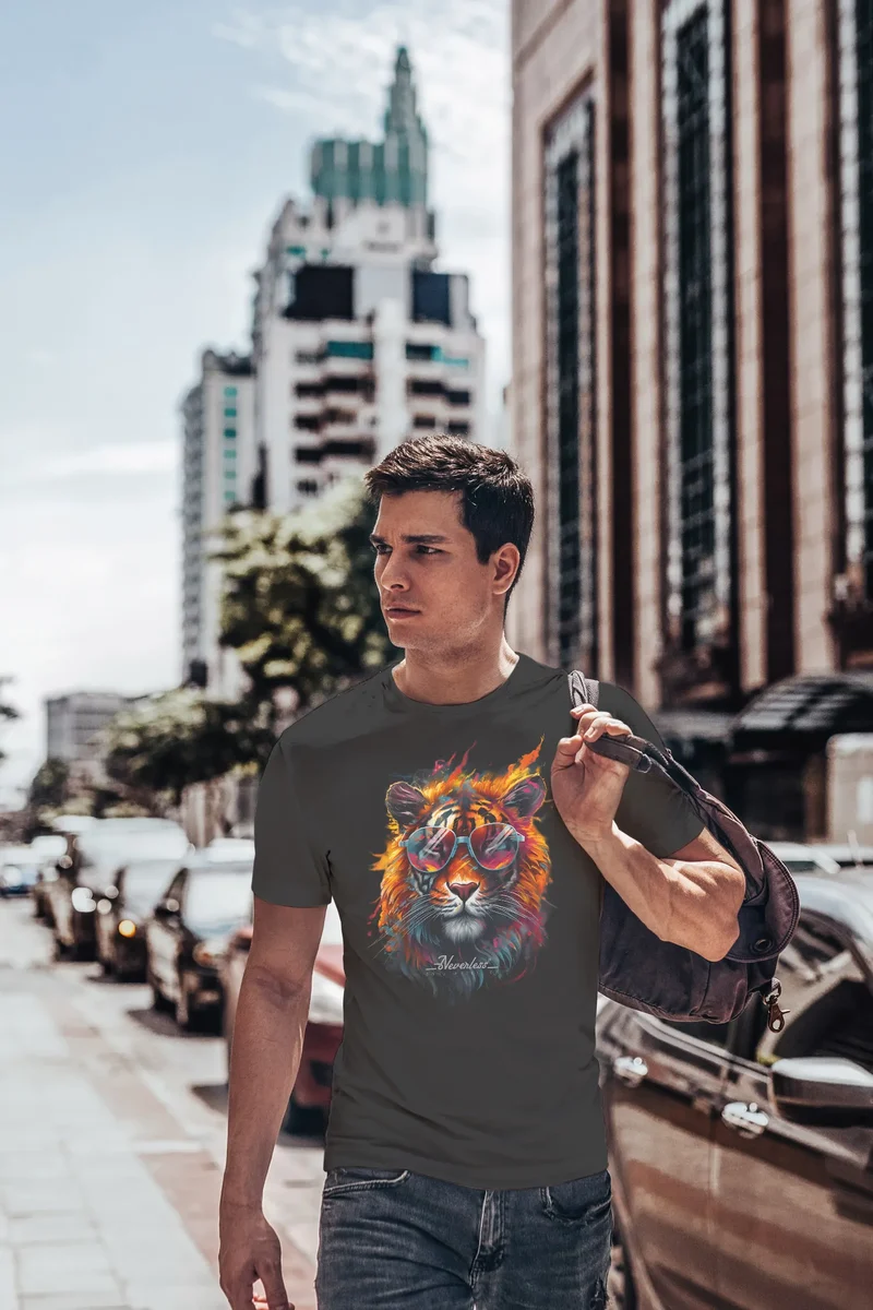 Herren T-Shirt Tiger Print Aufdruck Flammen Sommer Sonnenbrille Kunst Fashion Streetstyle