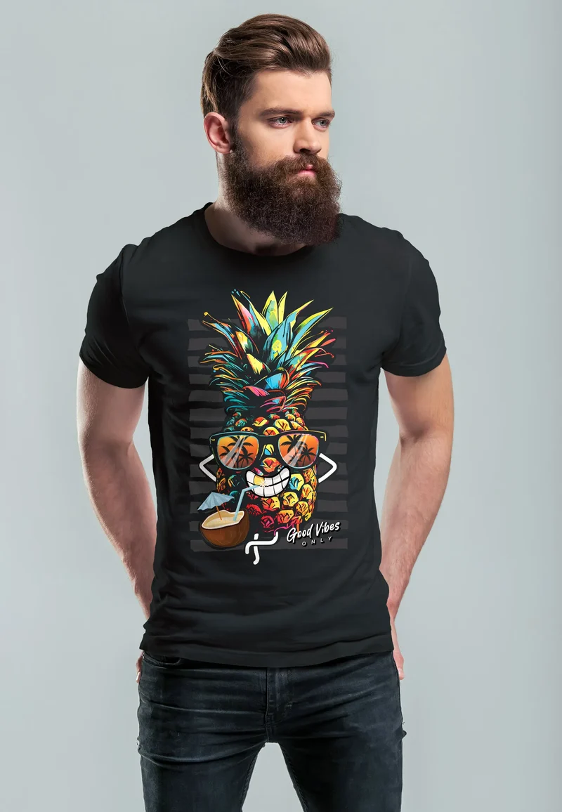 Herren T-Shirt Ananas Good Vibes Sommer Sonne Party Cocktail Fashion Streetstyle