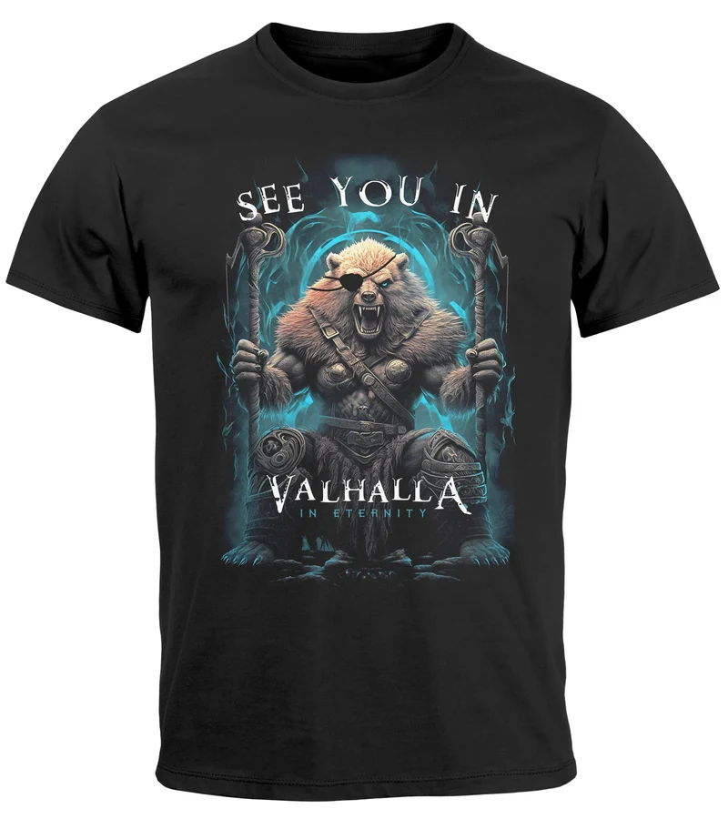 Herren T-Shirt Frontprint See you in Valhalla Wikinger Krieger Nordmänner Mythologie