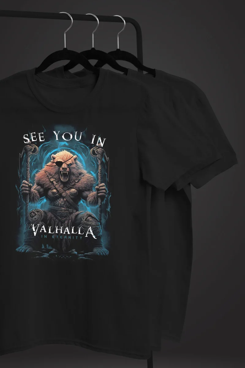 Herren T-Shirt Frontprint See you in Valhalla Wikinger Krieger Nordmänner Mythologie