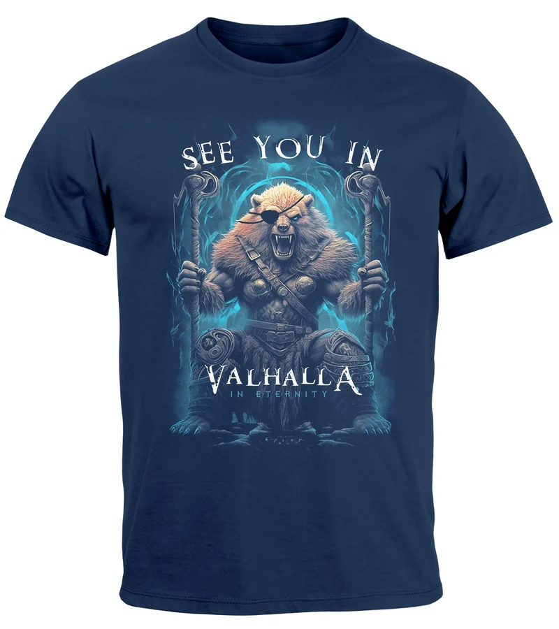 Herren T-Shirt Frontprint See you in Valhalla Wikinger Krieger Nordmänner Mythologie