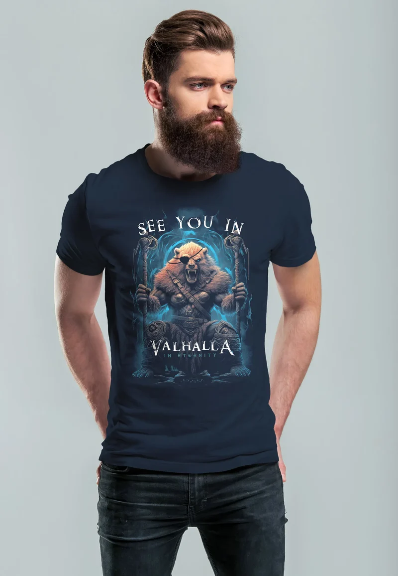 Herren T-Shirt Frontprint See you in Valhalla Wikinger Krieger Nordmänner Mythologie