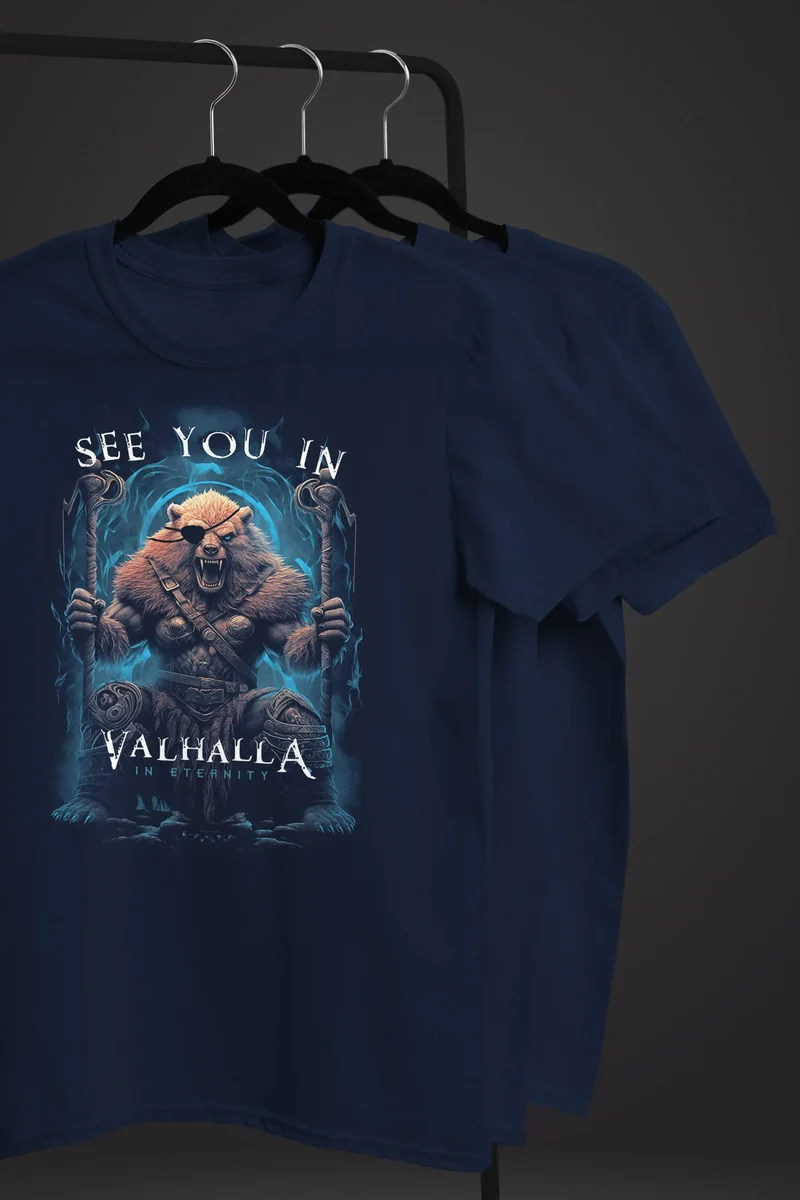Herren T-Shirt Frontprint See you in Valhalla Wikinger Krieger Nordmänner Mythologie