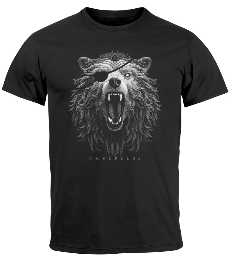 Herren T-Shirt Wolf mit Augenklappe Wikinger Nordmänner Mythologie Runen Fabeltiere