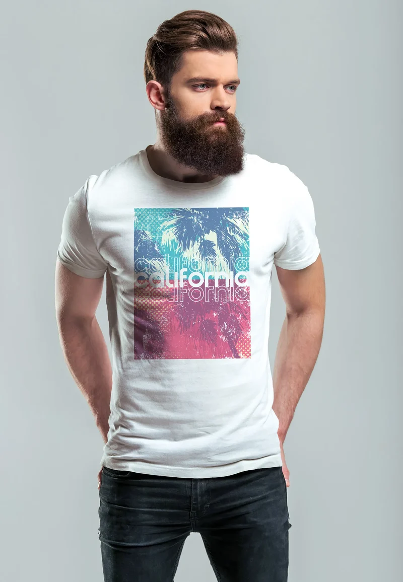 Herren T-Shirt Top California Palmen Sommer Foto Print Aufdruck Abstrakt Fashion Streetstyle