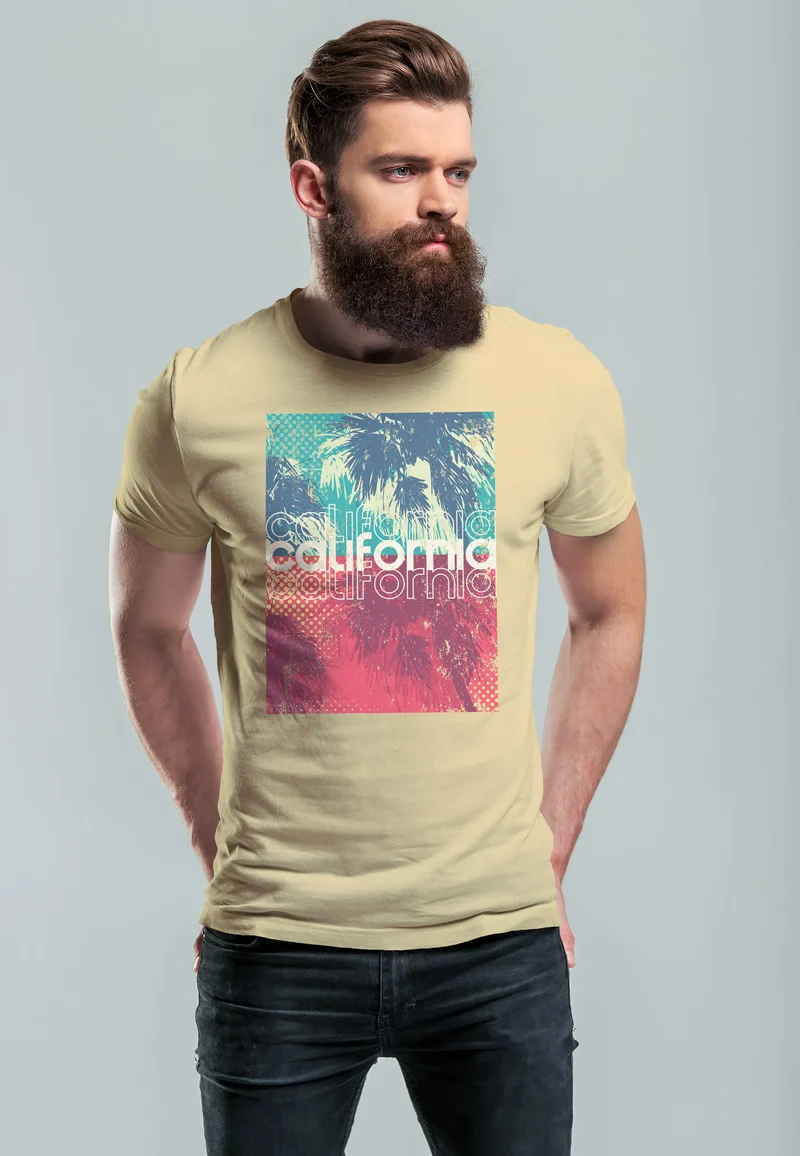 Herren T-Shirt Top California Palmen Sommer Foto Print Aufdruck Abstrakt Fashion Streetstyle