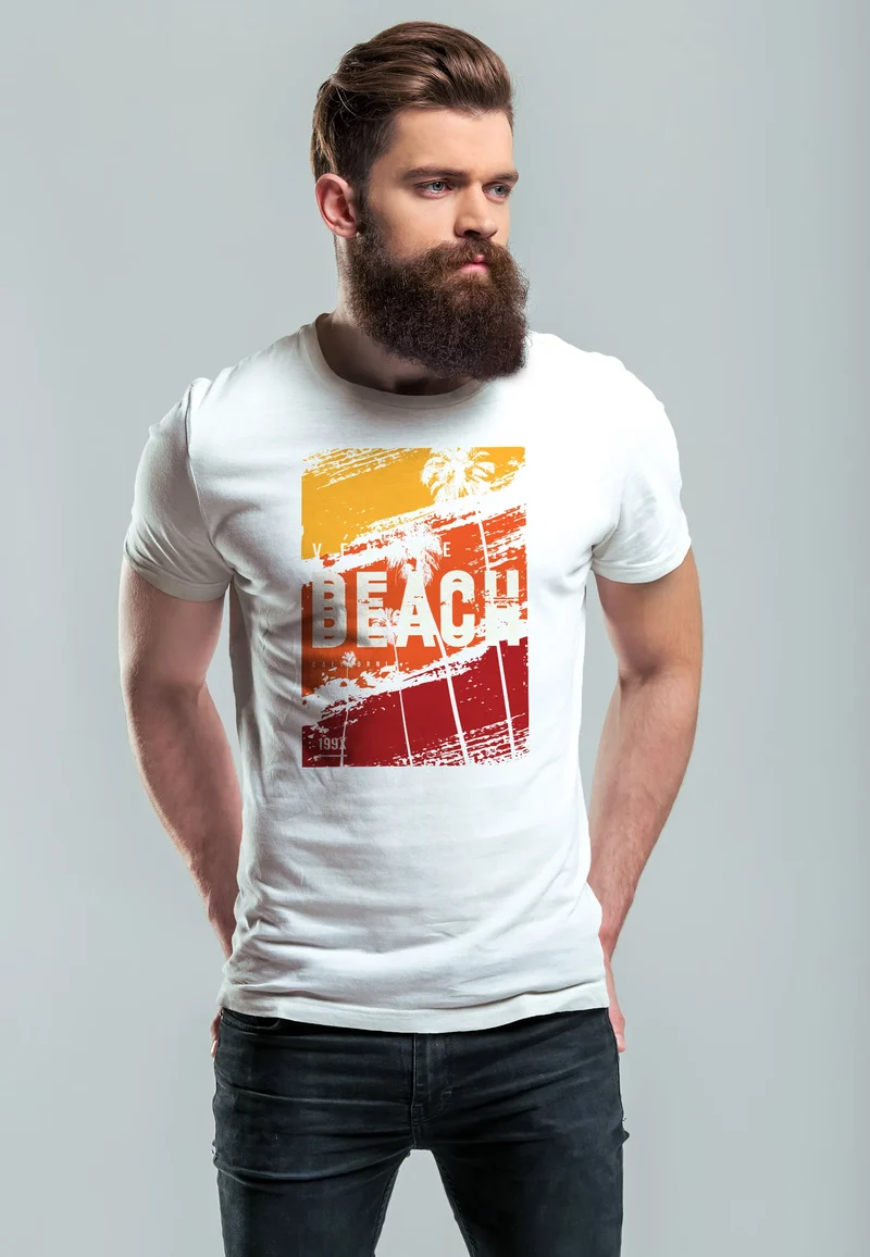 Herren T-Shirt Sommer Venice Beach Surfing Motiv Aufdruck Strand Palmen Fashion Streetstyle