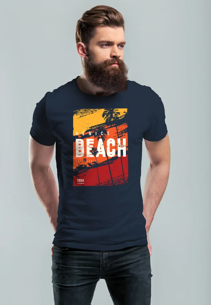 Herren T-Shirt Sommer Venice Beach Surfing Motiv Aufdruck Strand Palmen Fashion Streetstyle