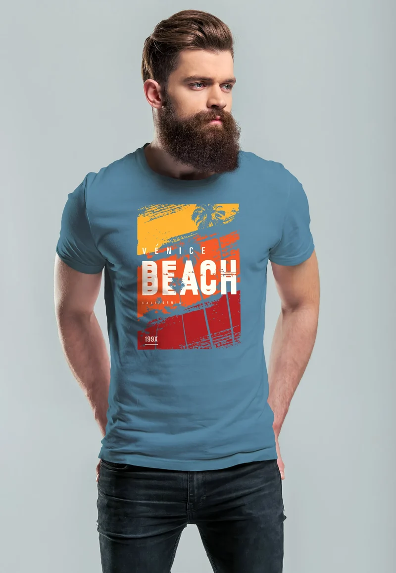 Herren T-Shirt Sommer Venice Beach Surfing Motiv Aufdruck Strand Palmen Fashion Streetstyle