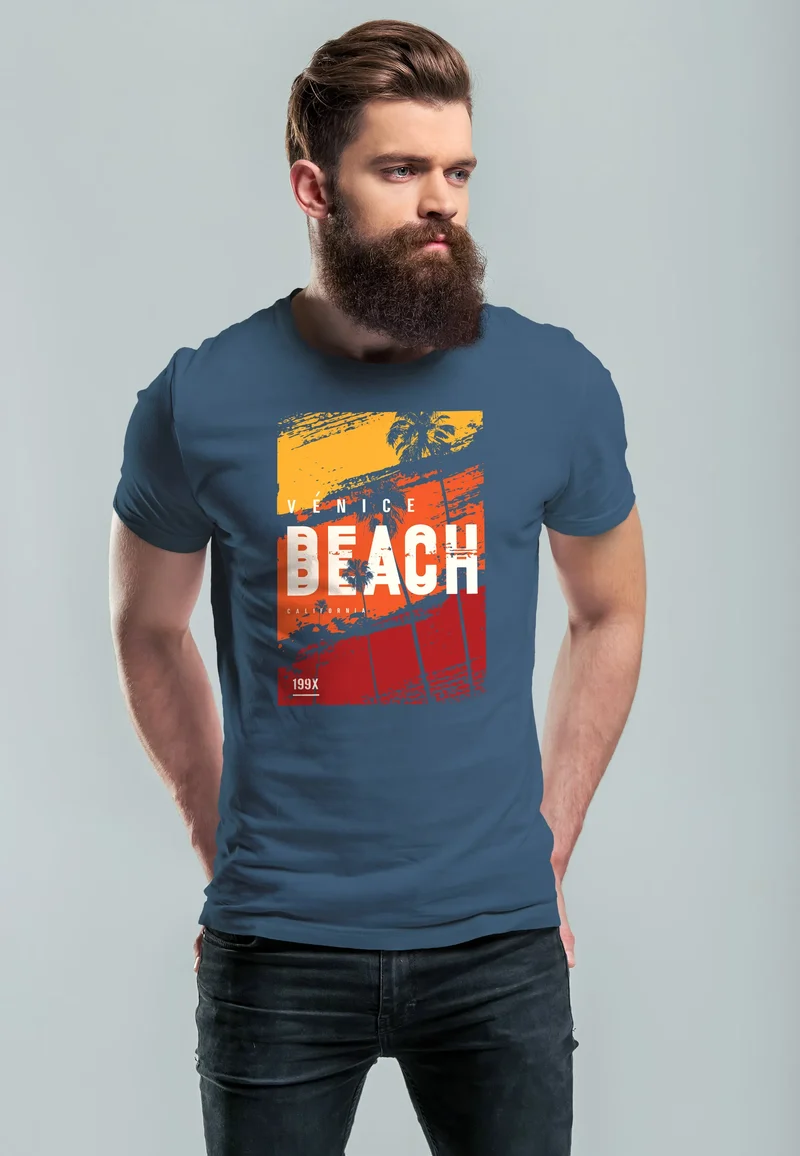 Herren T-Shirt Sommer Venice Beach Surfing Motiv Aufdruck Strand Palmen Fashion Streetstyle