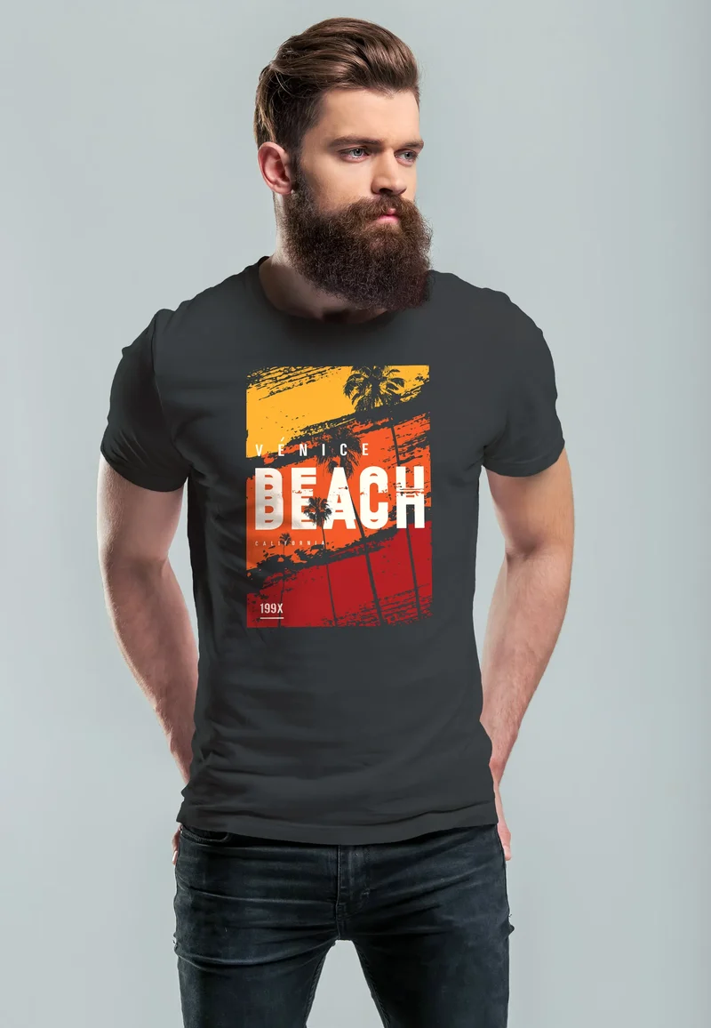 Herren T-Shirt Sommer Venice Beach Surfing Motiv Aufdruck Strand Palmen Fashion Streetstyle