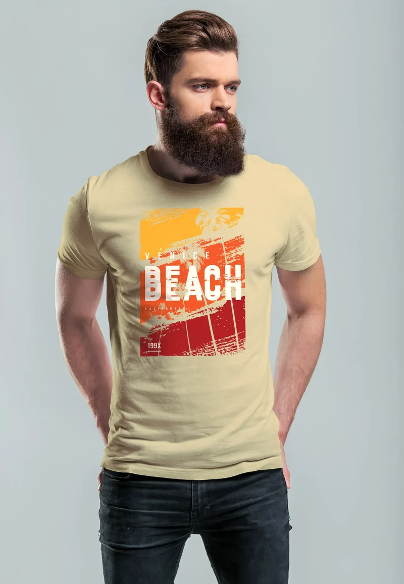 Herren T-Shirt Sommer Venice Beach Surfing Motiv Aufdruck Strand Palmen Fashion Streetstyle
