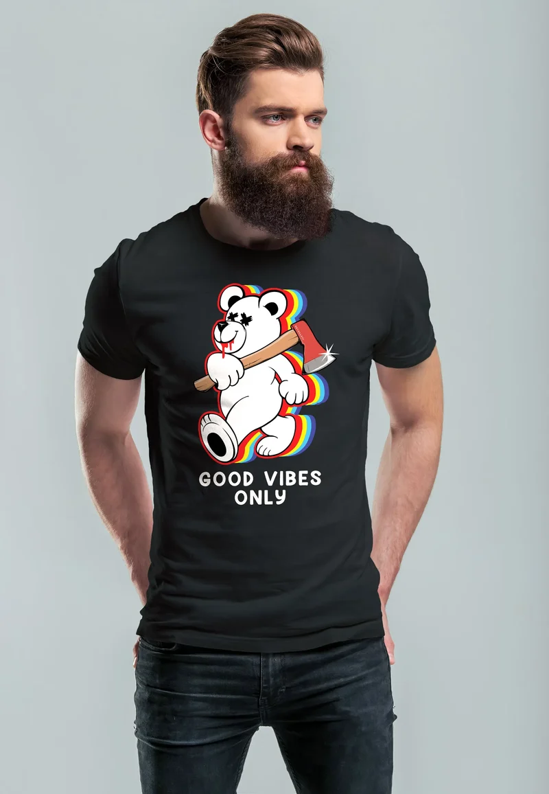 Herren T-Shirt Good Vibes Only Teddy Bär Axt Sarkasmus Teachwear Fashion Streetstyle