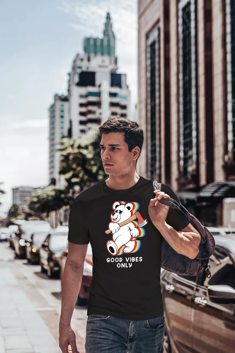 Herren T-Shirt Good Vibes Only Teddy Bär Axt Sarkasmus Teachwear Fashion Streetstyle