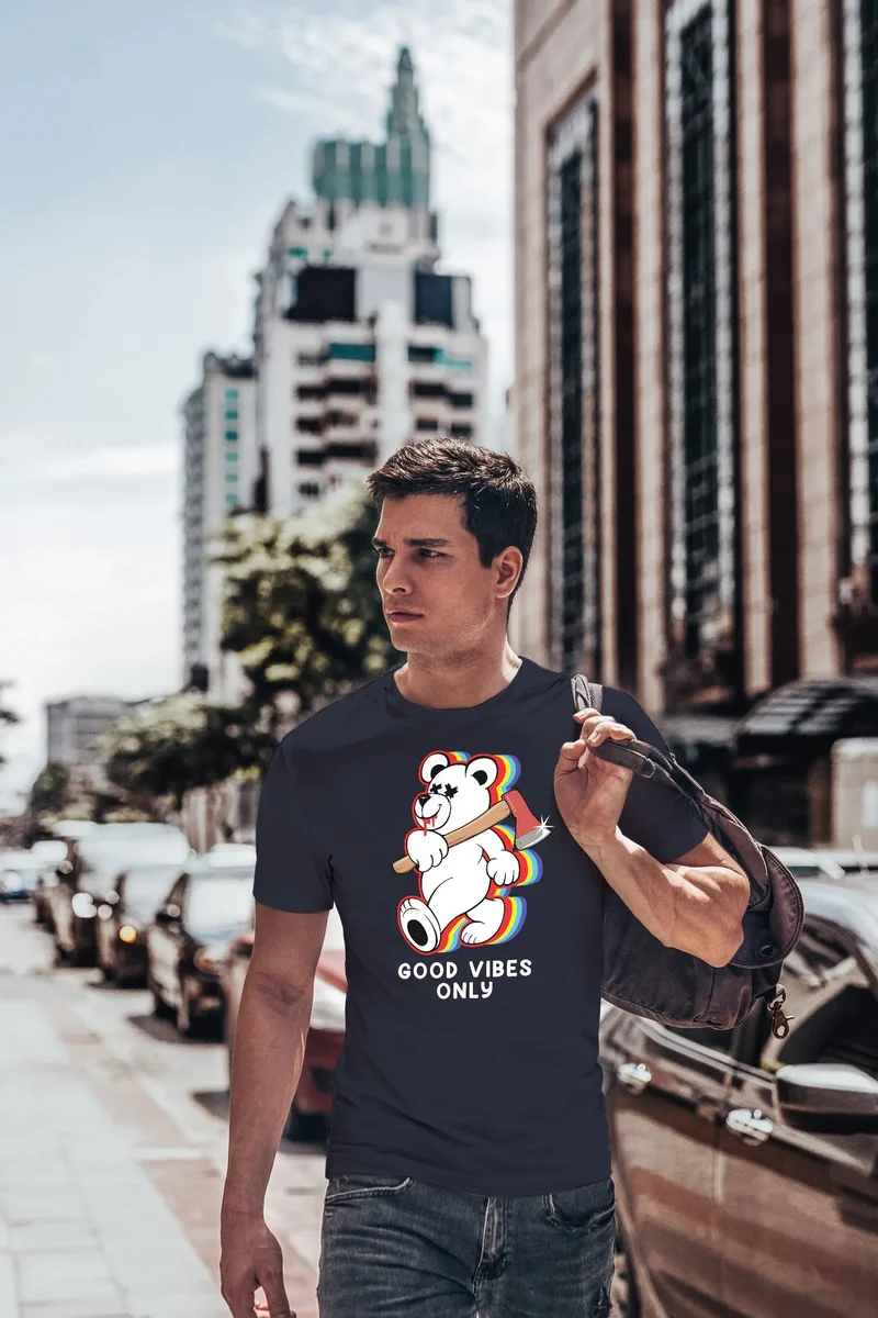 Herren T-Shirt Good Vibes Only Teddy Bär Axt Sarkasmus Teachwear Fashion Streetstyle
