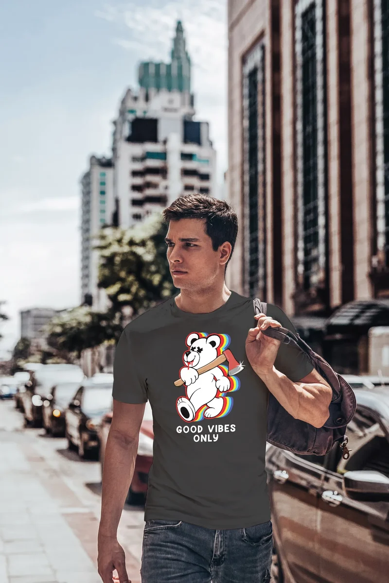 Herren T-Shirt Good Vibes Only Teddy Bär Axt Sarkasmus Teachwear Fashion Streetstyle
