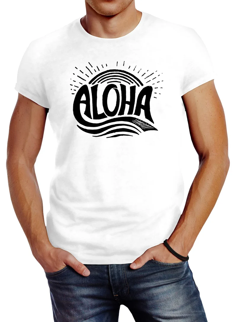 Herren T-Shirt Aloha Wellen Surfing Sommer Slim Fit