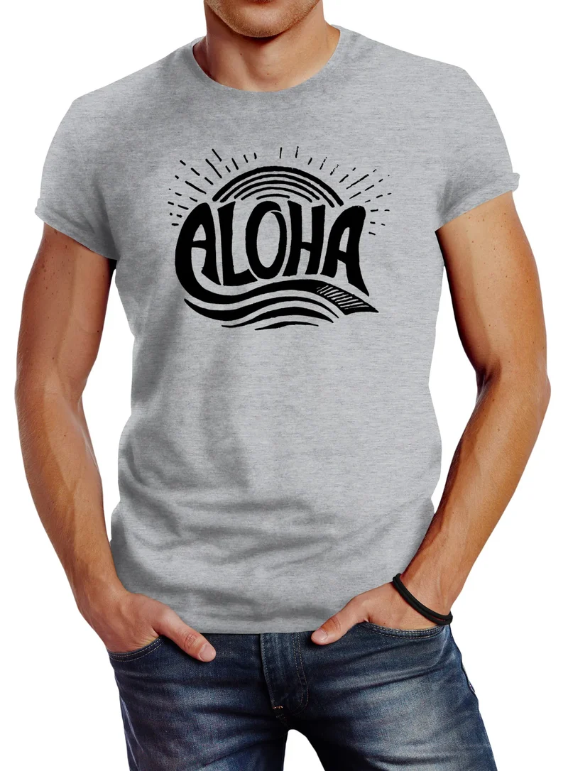 Herren T-Shirt Aloha Wellen Surfing Sommer Slim Fit