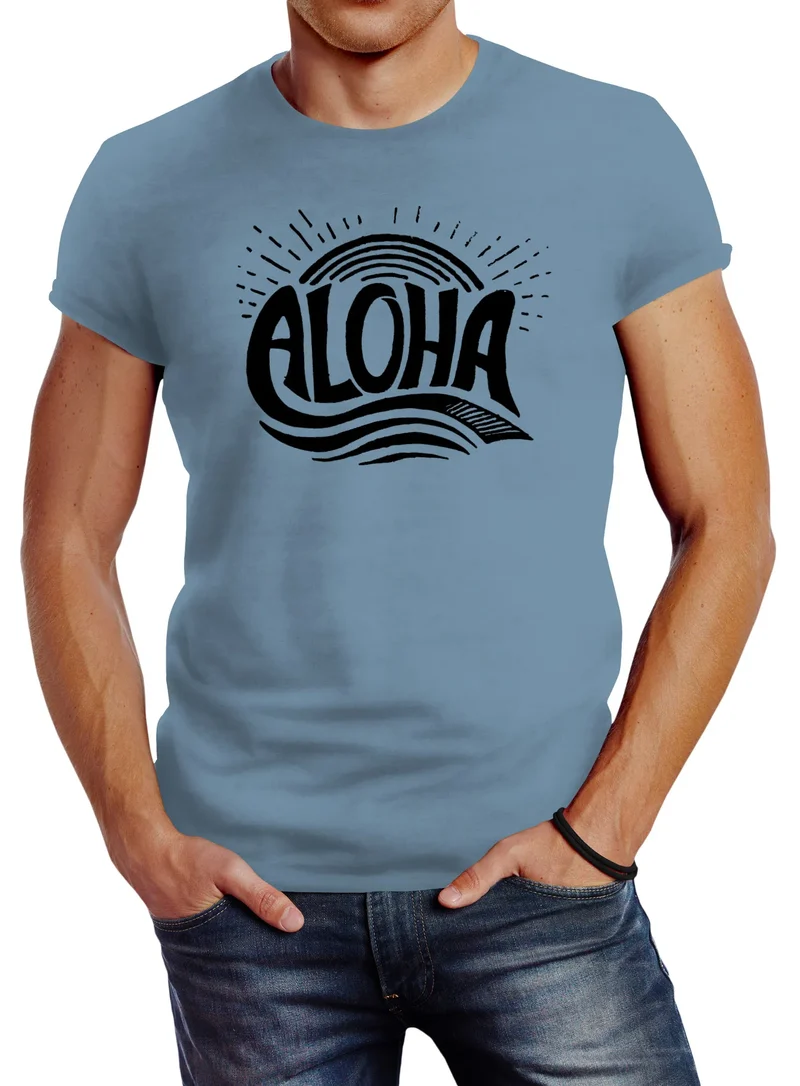 Herren T-Shirt Aloha Wellen Surfing Sommer Slim Fit