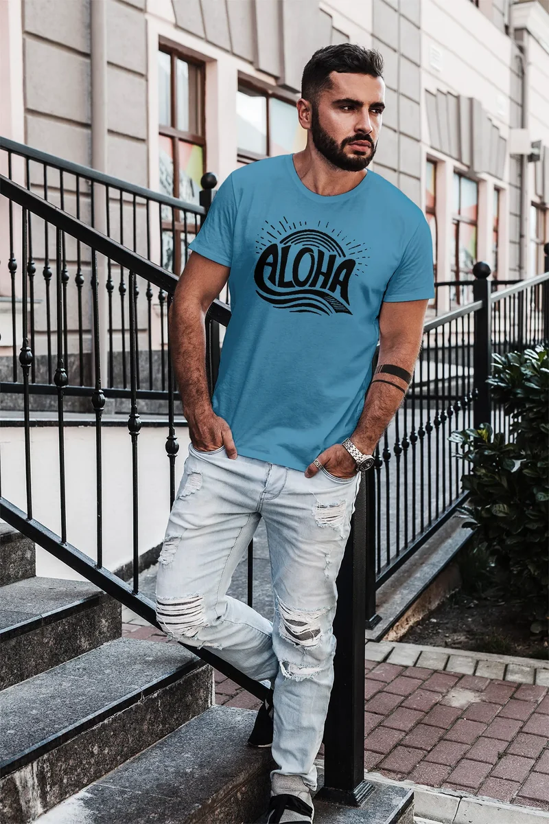 Herren T-Shirt Aloha Wellen Surfing Sommer Slim Fit